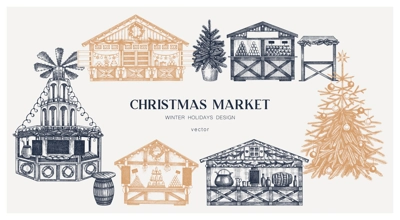 Christmas market background. Hand drawn vector illustration. European holiday marketplace frame design.. Christmas tree, wooden stall kiosk, candy shop, bakery, mulled wine sketches